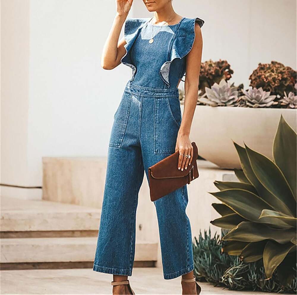 Denim Jumpsuit w/ Ruffle Cap Sleeve Cross Ties Backless Wide Leg Jeans Rompers
